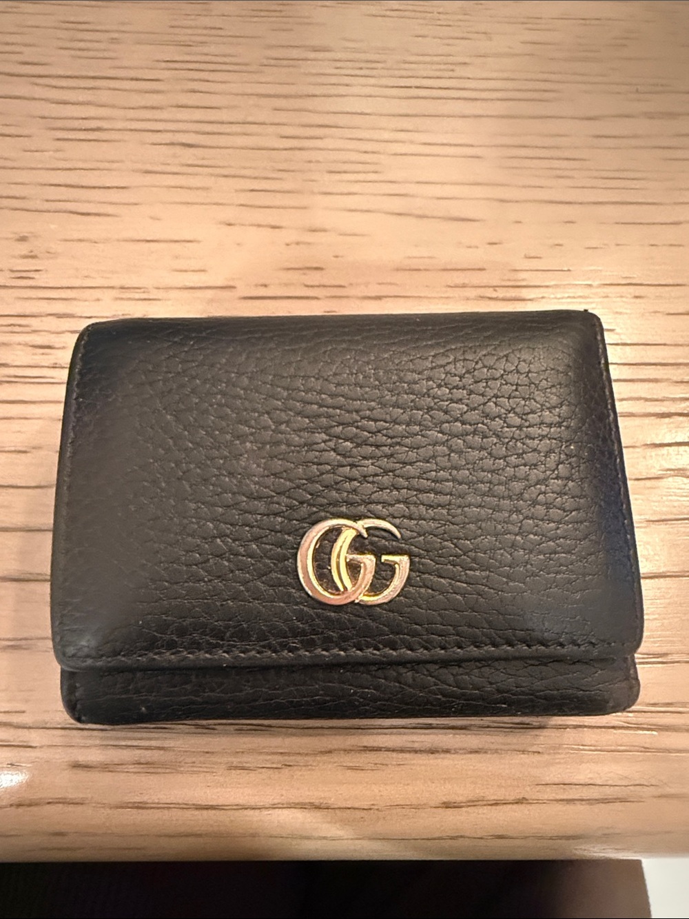 Gucci Black Marmont Leather Trifold Wallet with Gold Accent